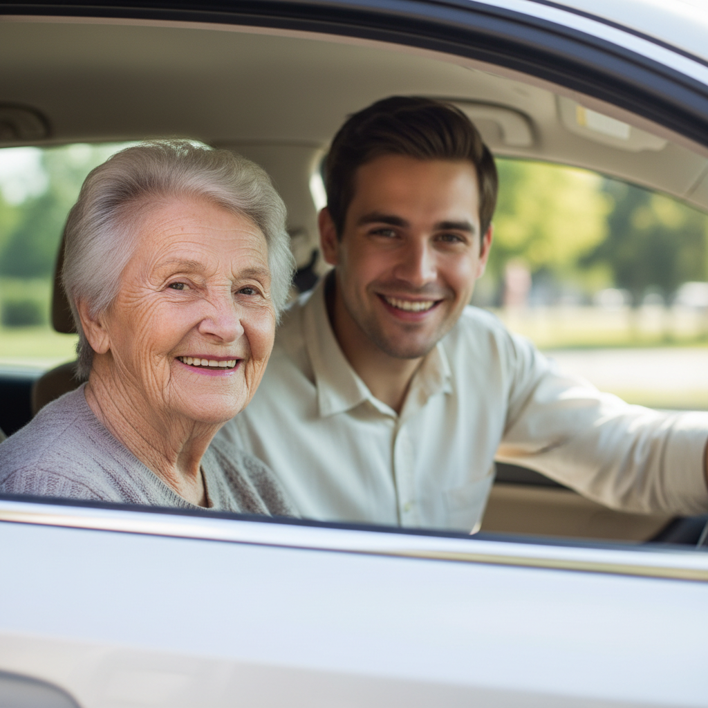 Elderly woman and young man sitting in a car together, smiling, heading to a medical appointment