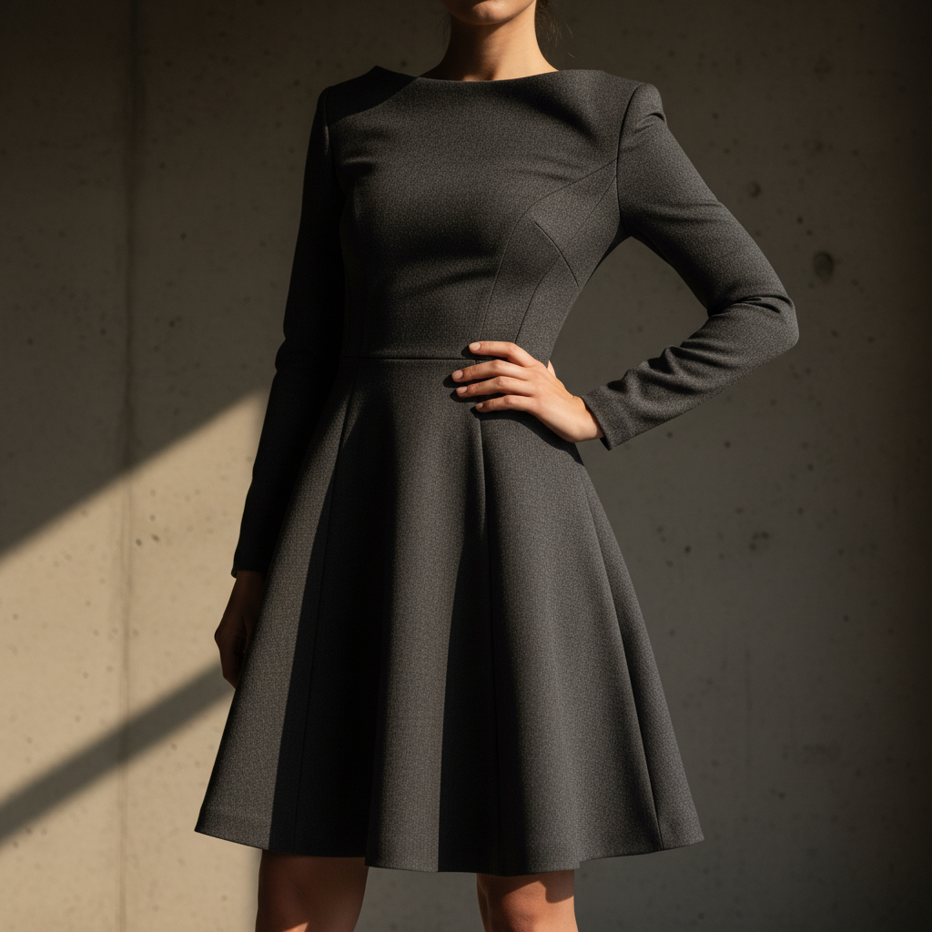 Woman in structured ponte dress, darts visible, editorial lighting