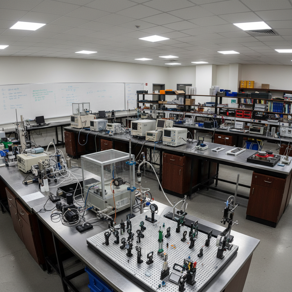 Well-equipped physics laboratory with scientific instruments, measurement devices, and lab benches in a bright room