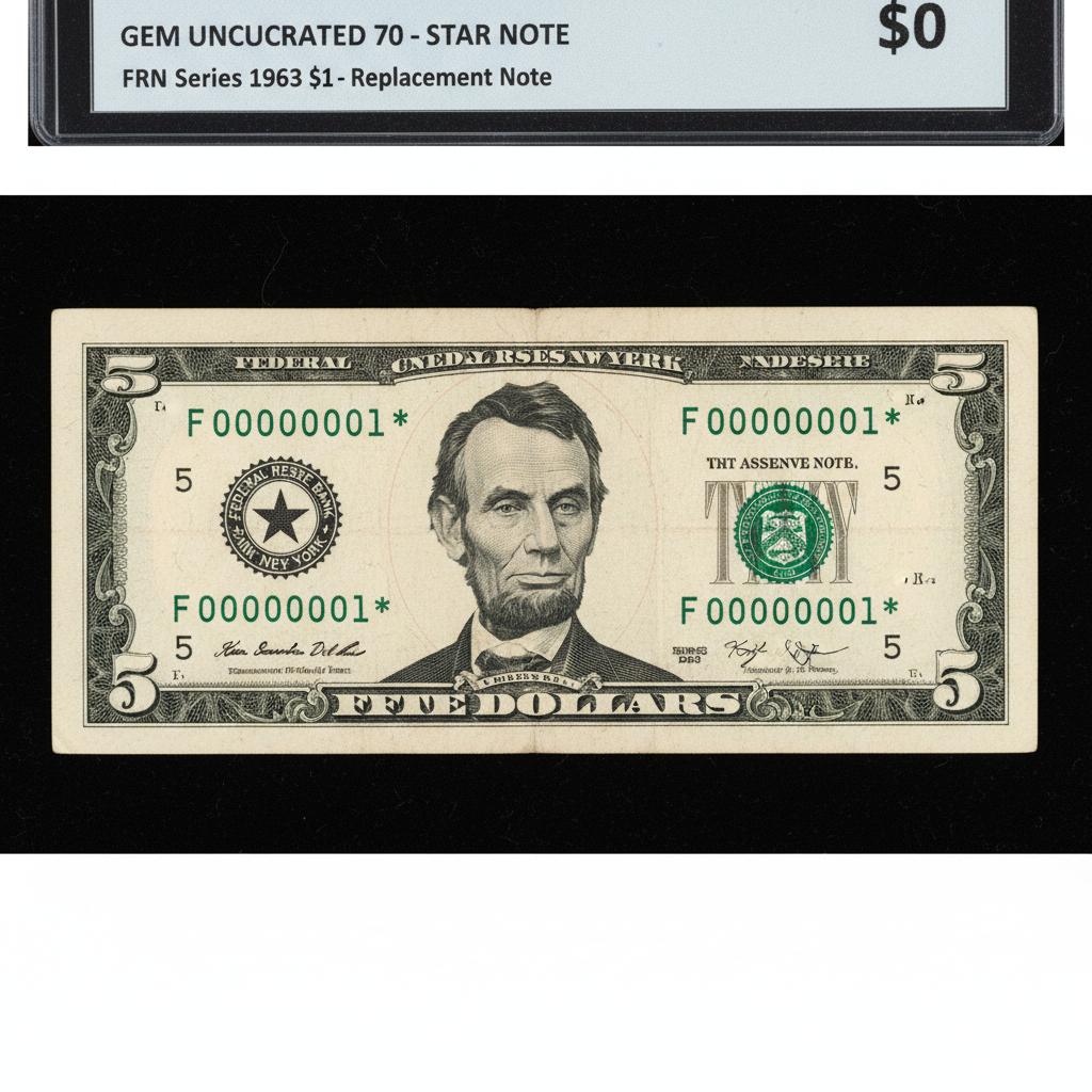 Uncirculated 1963 five dollar Federal Reserve star replacement note with extremely low fancy serial number