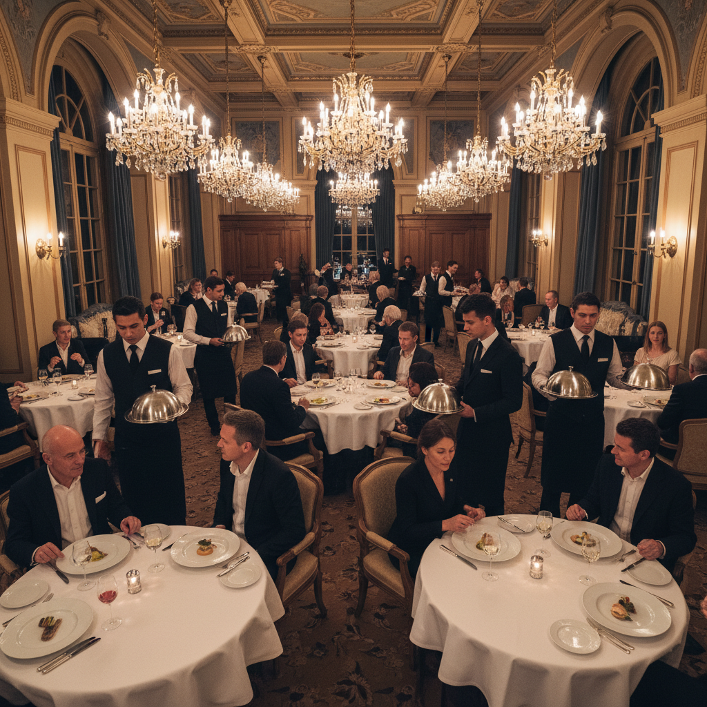 Fine dining service professionals in coordinated action at a premium restaurant