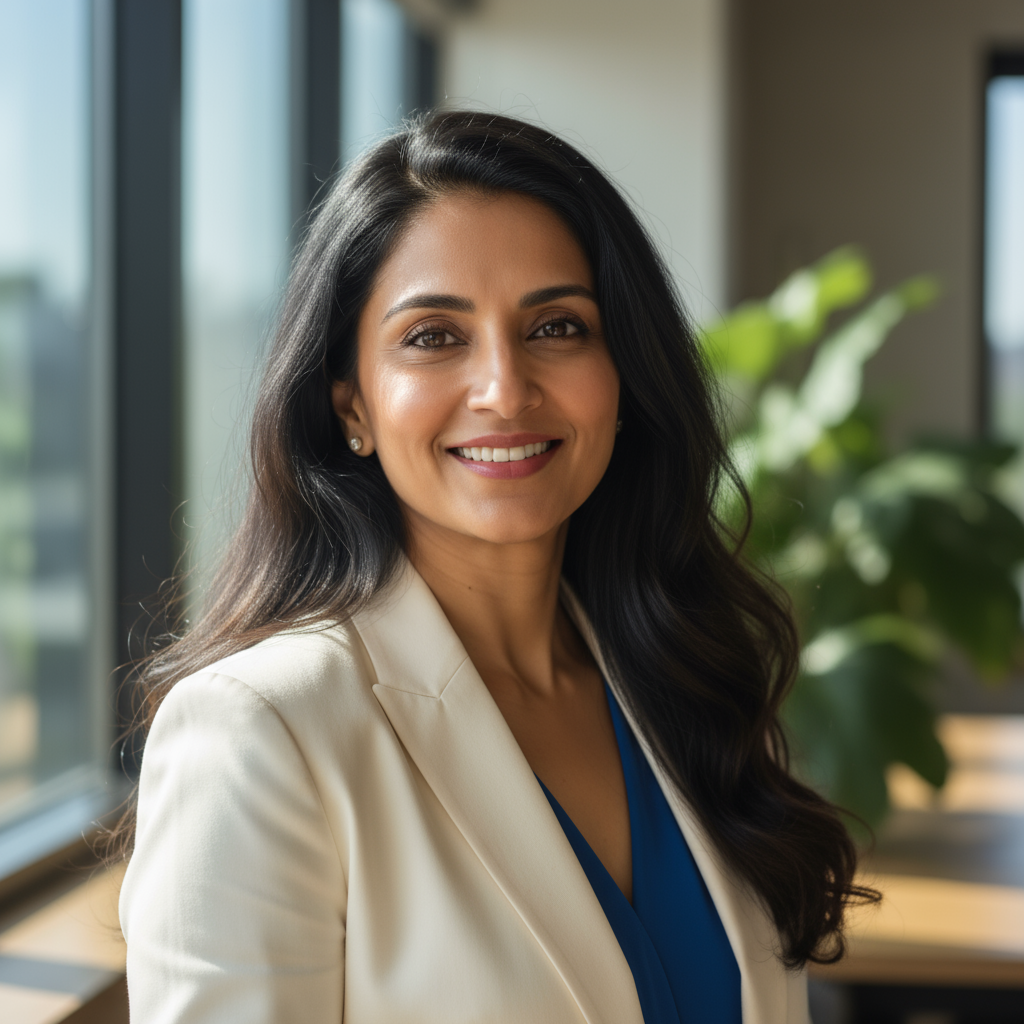 Professional Indian woman in her 40s, confident and compassionate expression, formal attire