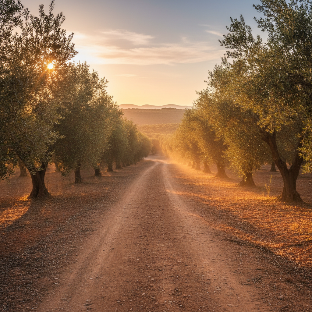 Dusty road dissolving into olive groves in Andalucía, southern Spain, warm afternoon light