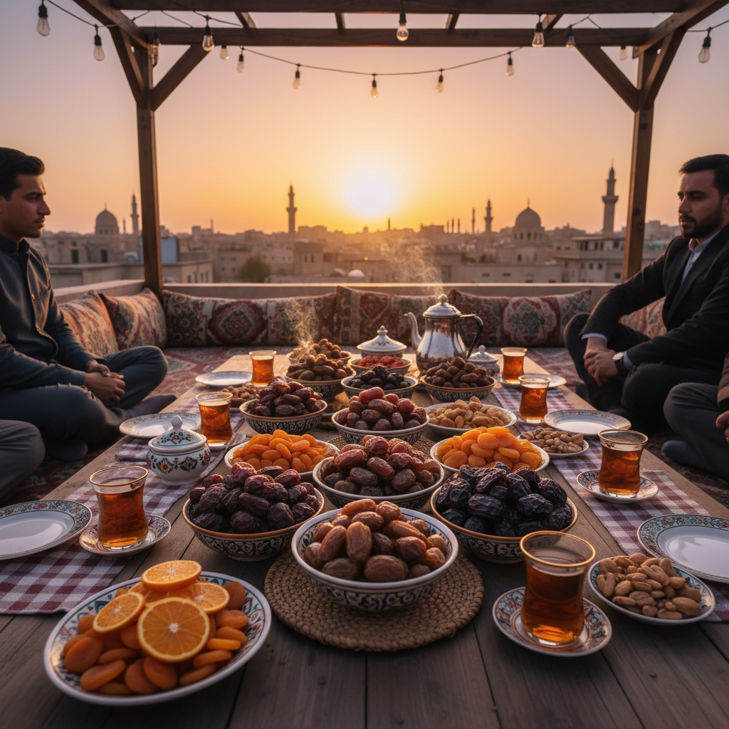 Rooftop iftar scene with warm golden sunset light illuminating dates and tea glasses