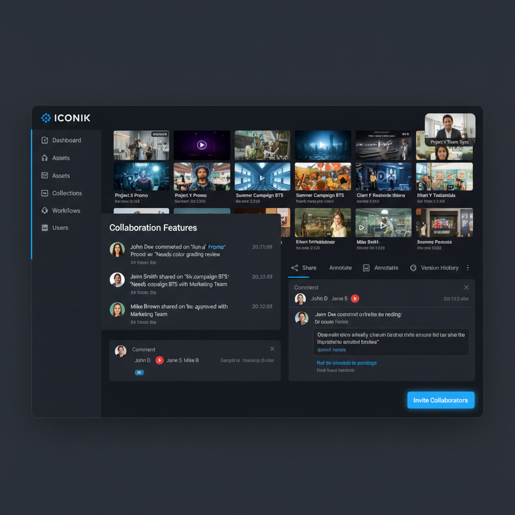 Iconik media asset management platform interface showing collaboration features