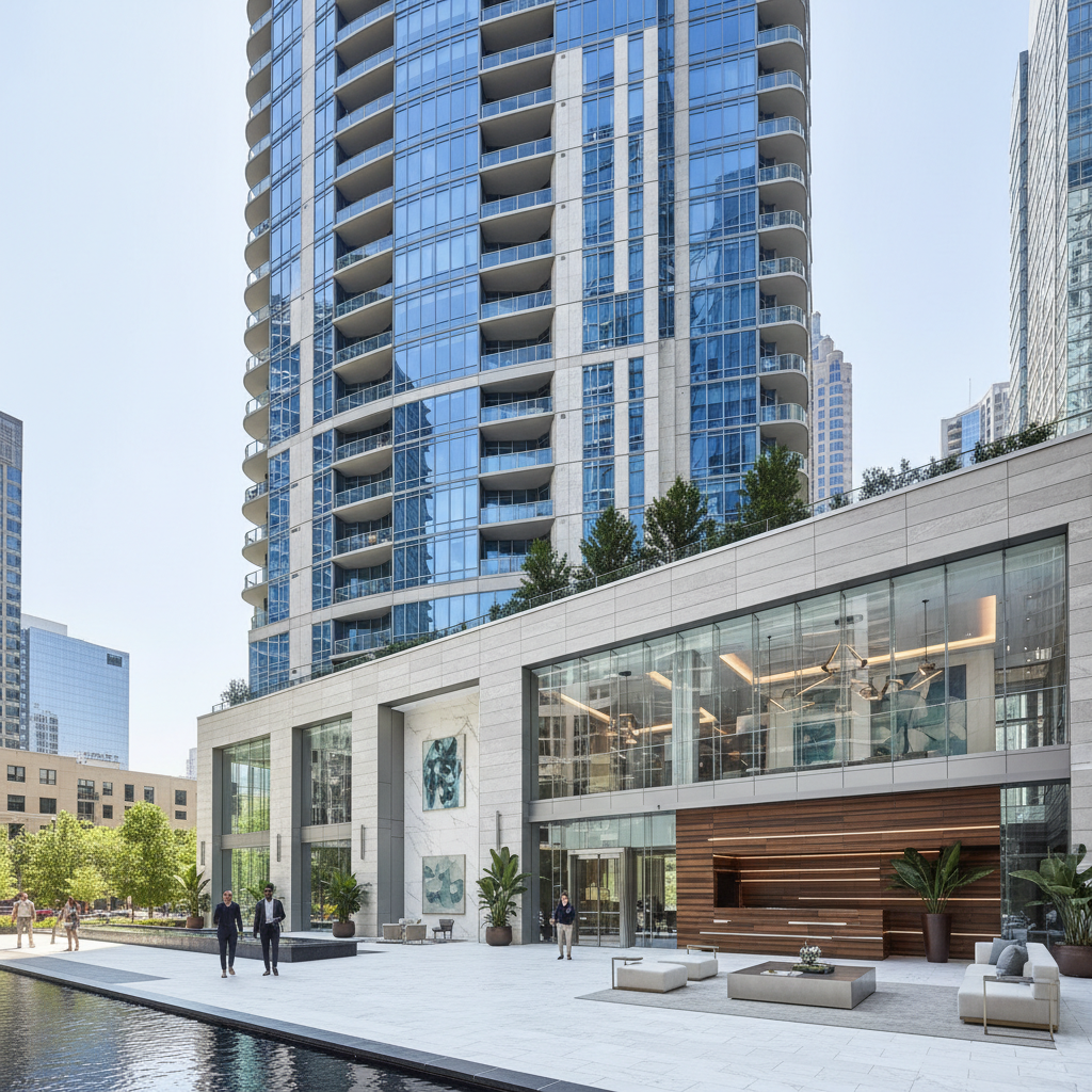 Modern high-rise residential building in Atlanta with renovated lobby entrance