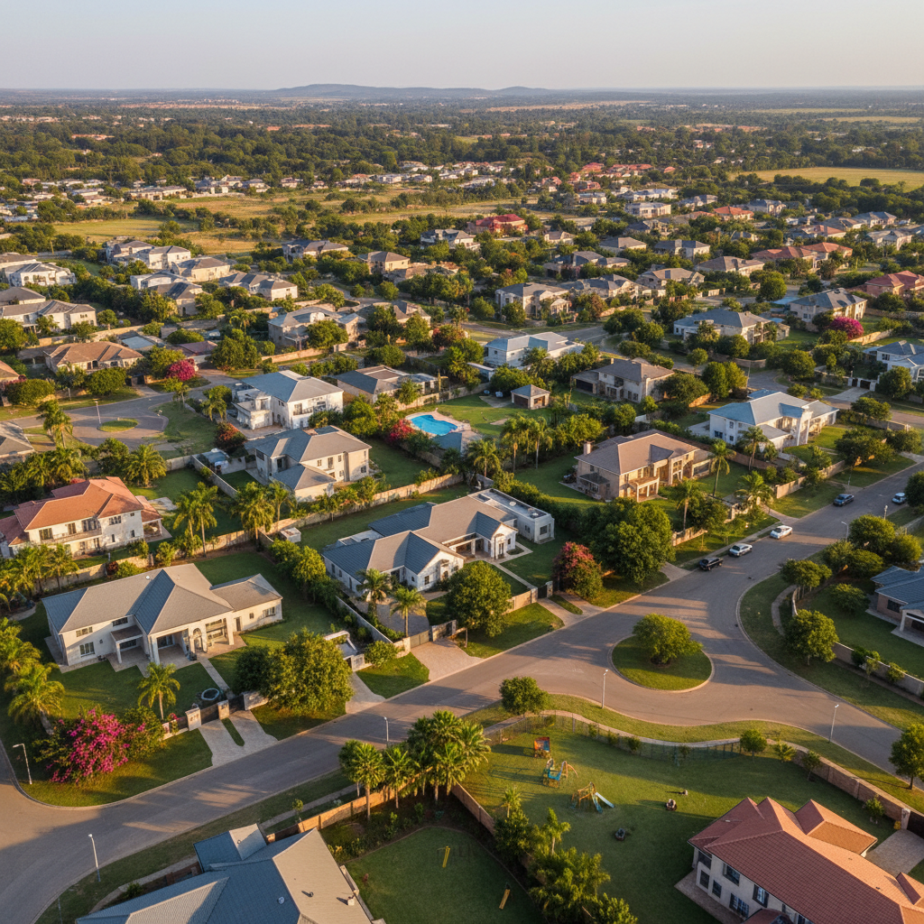 Residential neighborhood aerial view, rows of houses in warm sunlight, bright open sky overhead