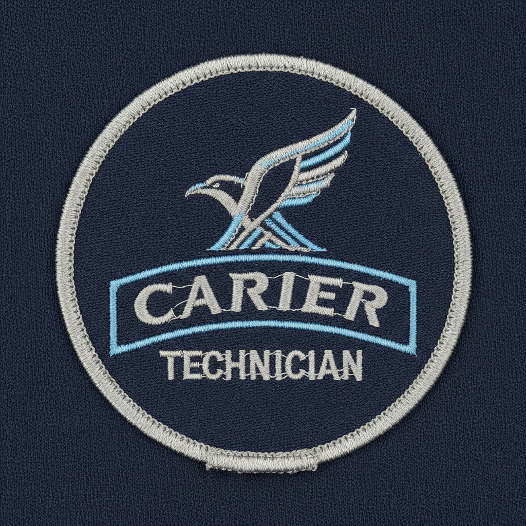 Technician uniform patch with embroidered carrier logo on dark navy fabric