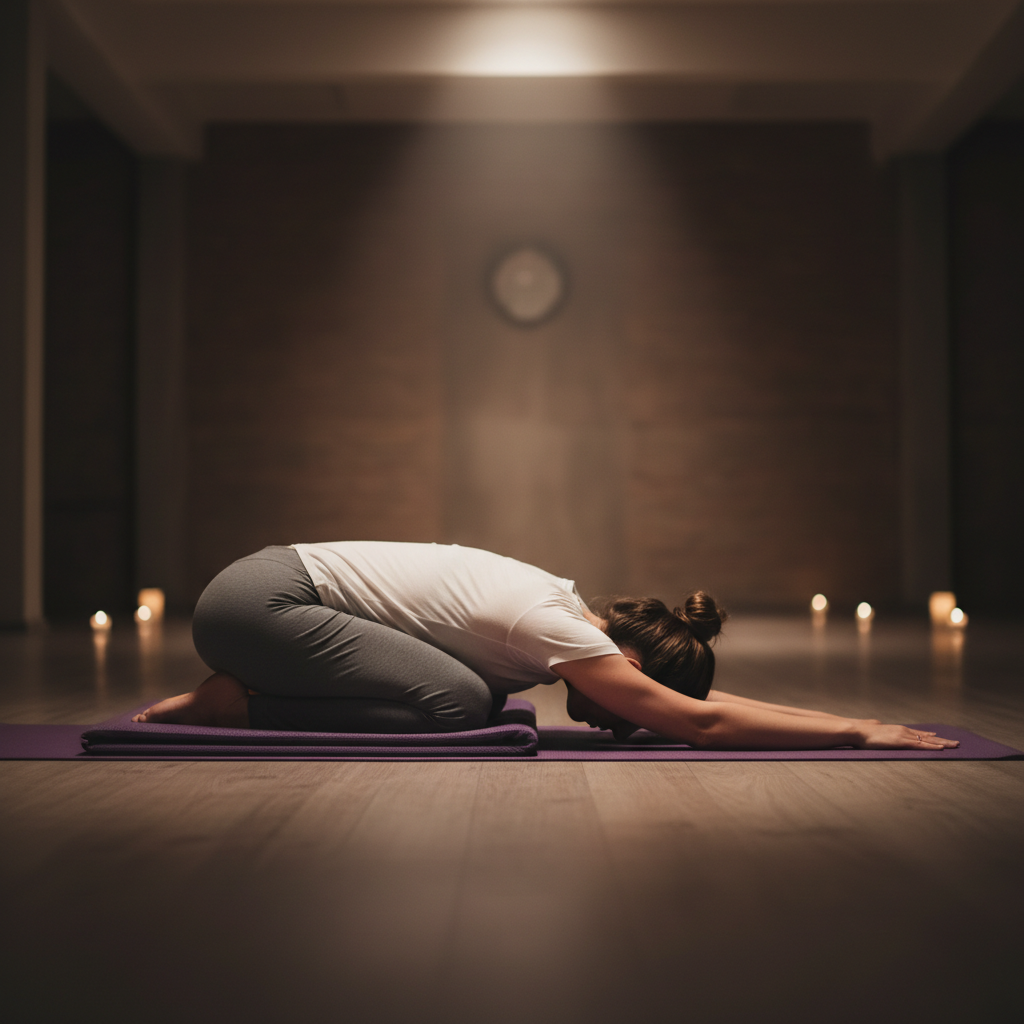 Person in bright yoga studio resting in childs pose, warm golden light, clean white walls, serene atmosphere