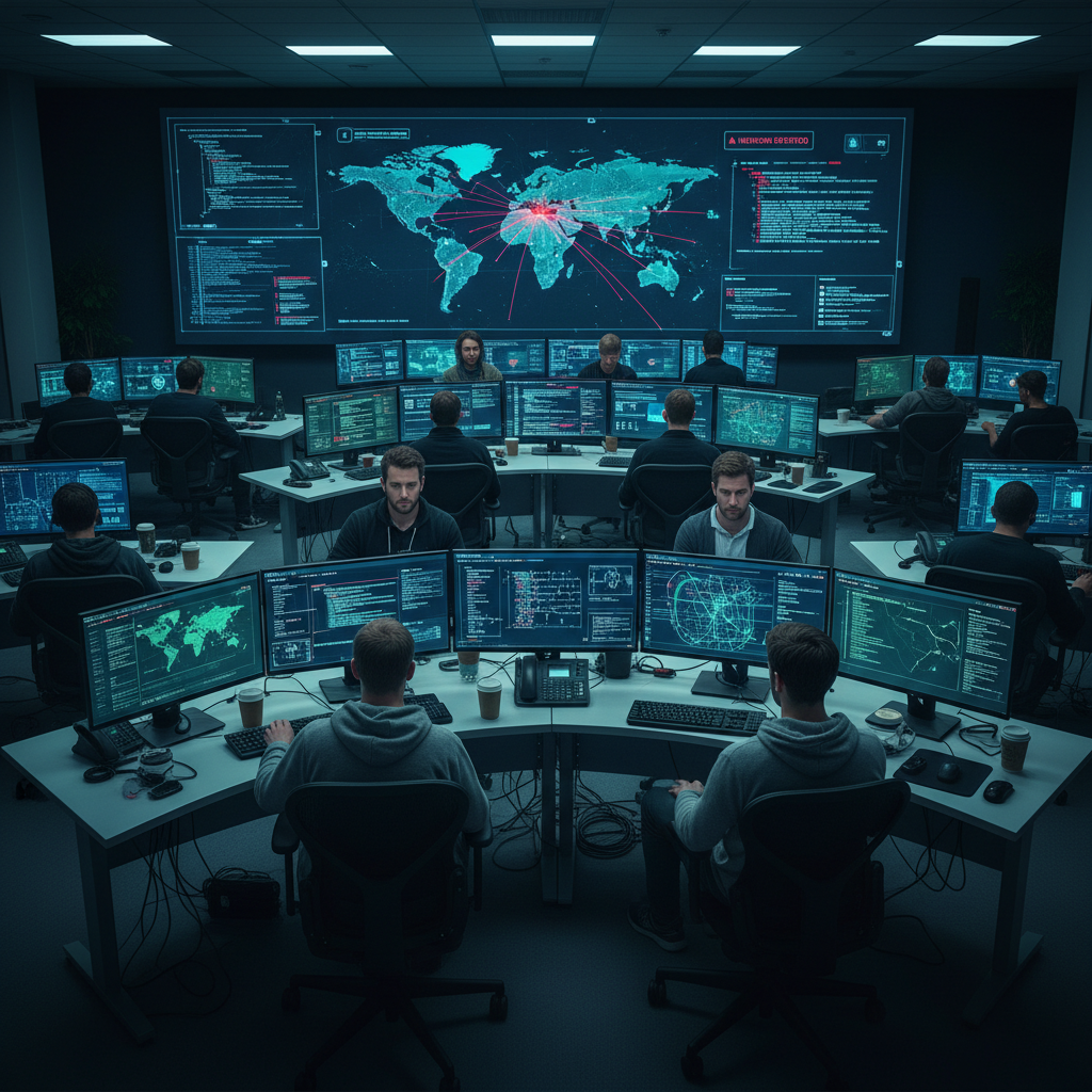 Professional cybersecurity team collaborating in modern office with multiple monitors displaying security analytics and threat detection systems