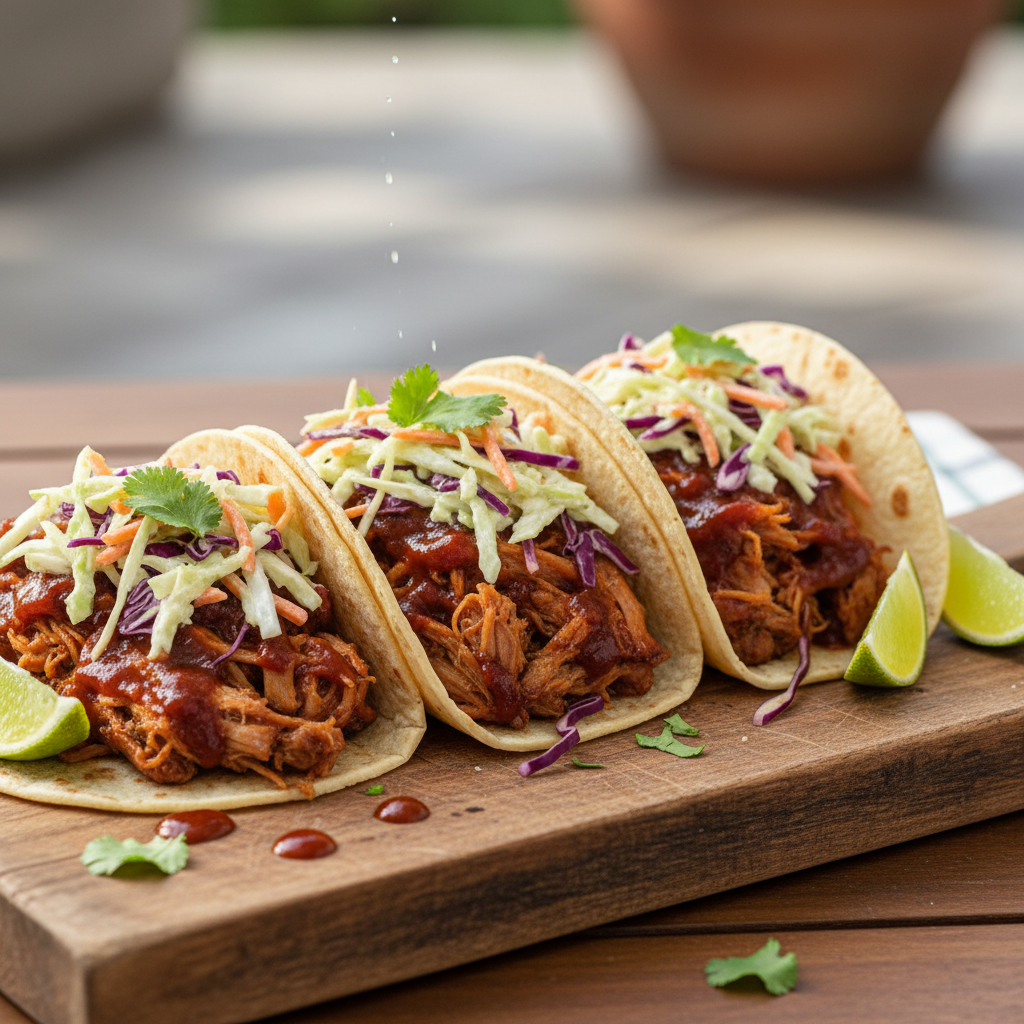 Three jerk chicken tacos with mango salsa and cilantro on a wooden board at Stonewall Inn Kitchen NYC