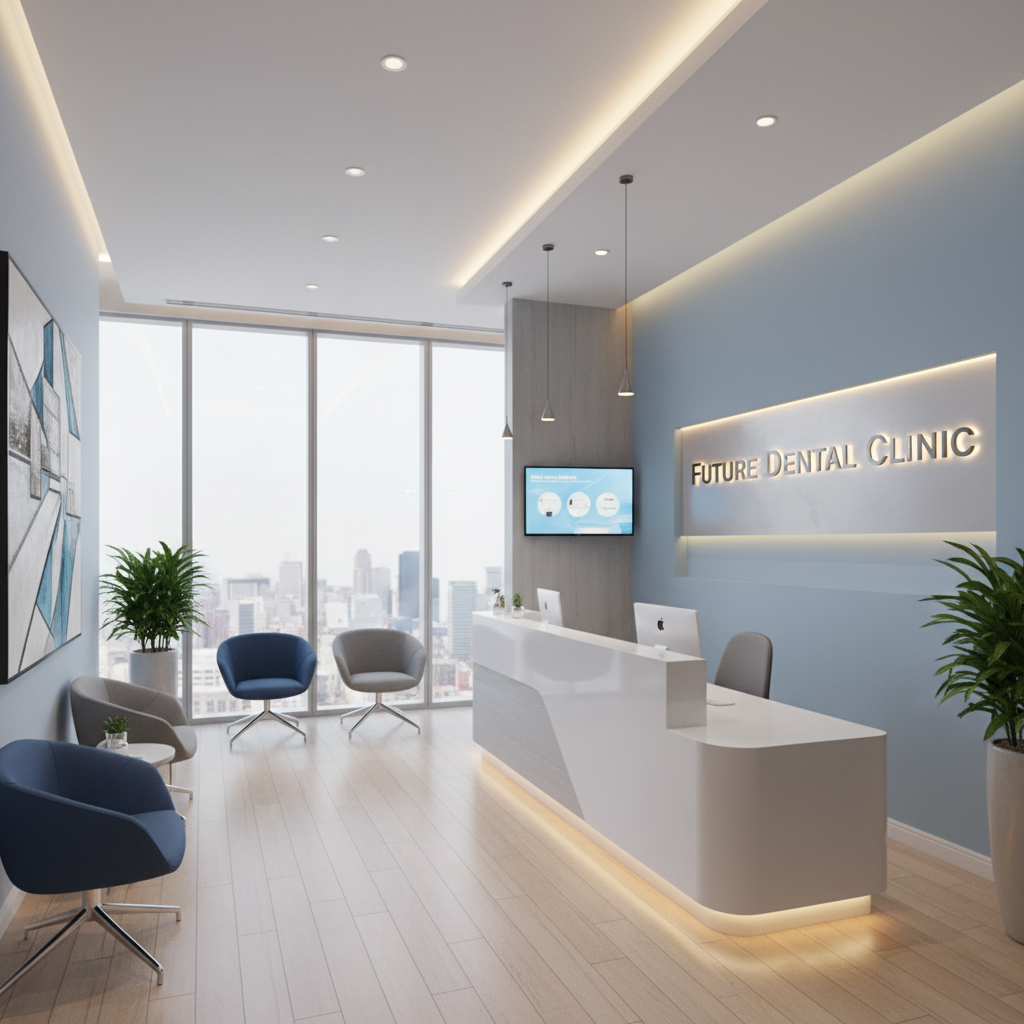 Clean modern healthcare clinic reception area, bright lighting, white and blue color scheme, professional medical environment