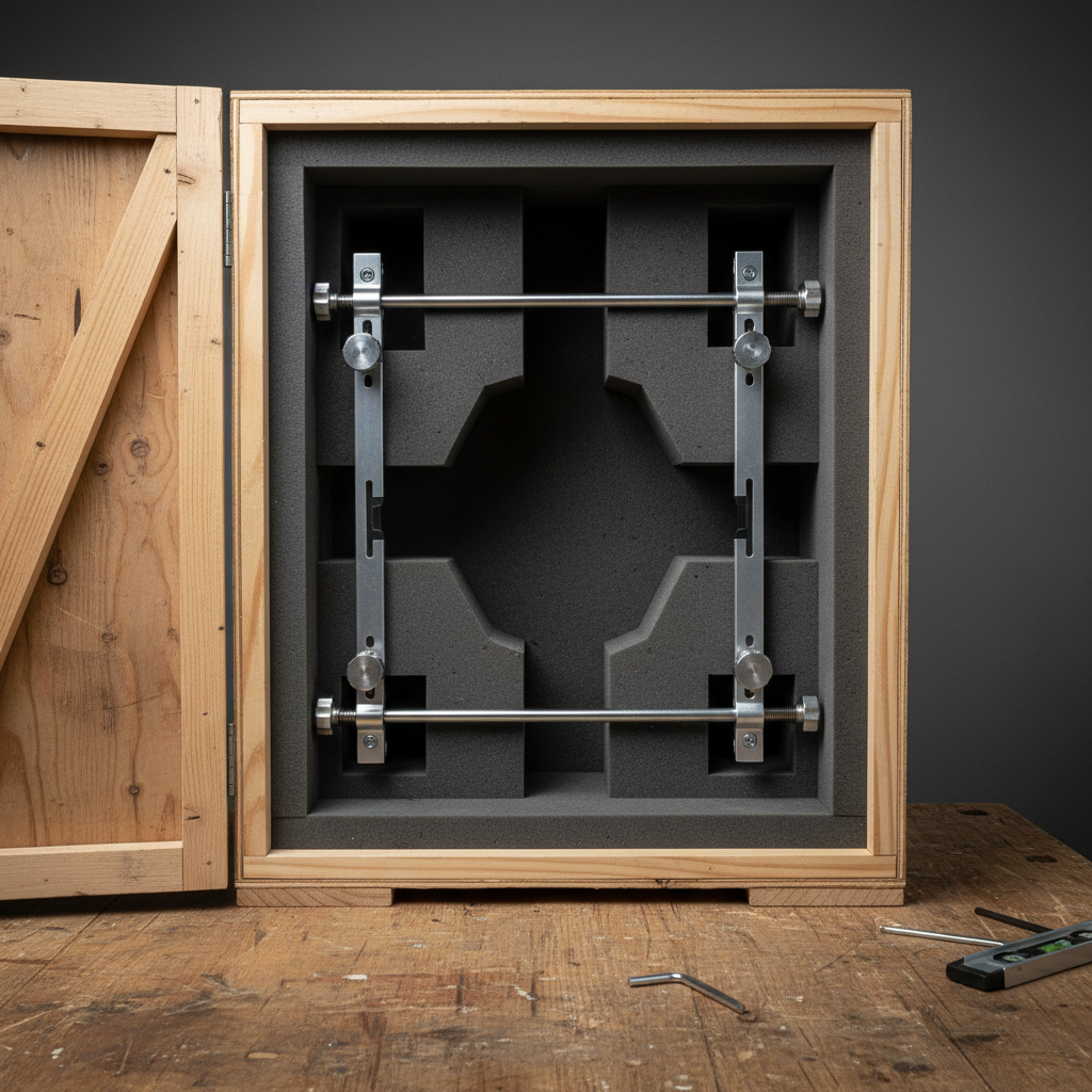 Custom enclosed wooden shipping crate interior with foam blocking and protective wrapping visible