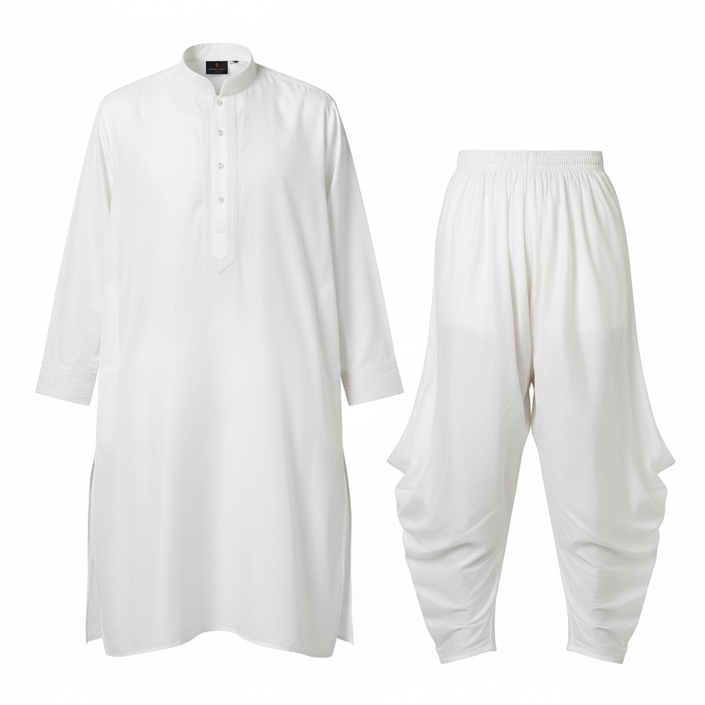 Traditional white cotton kurta pyjama set on clean white background