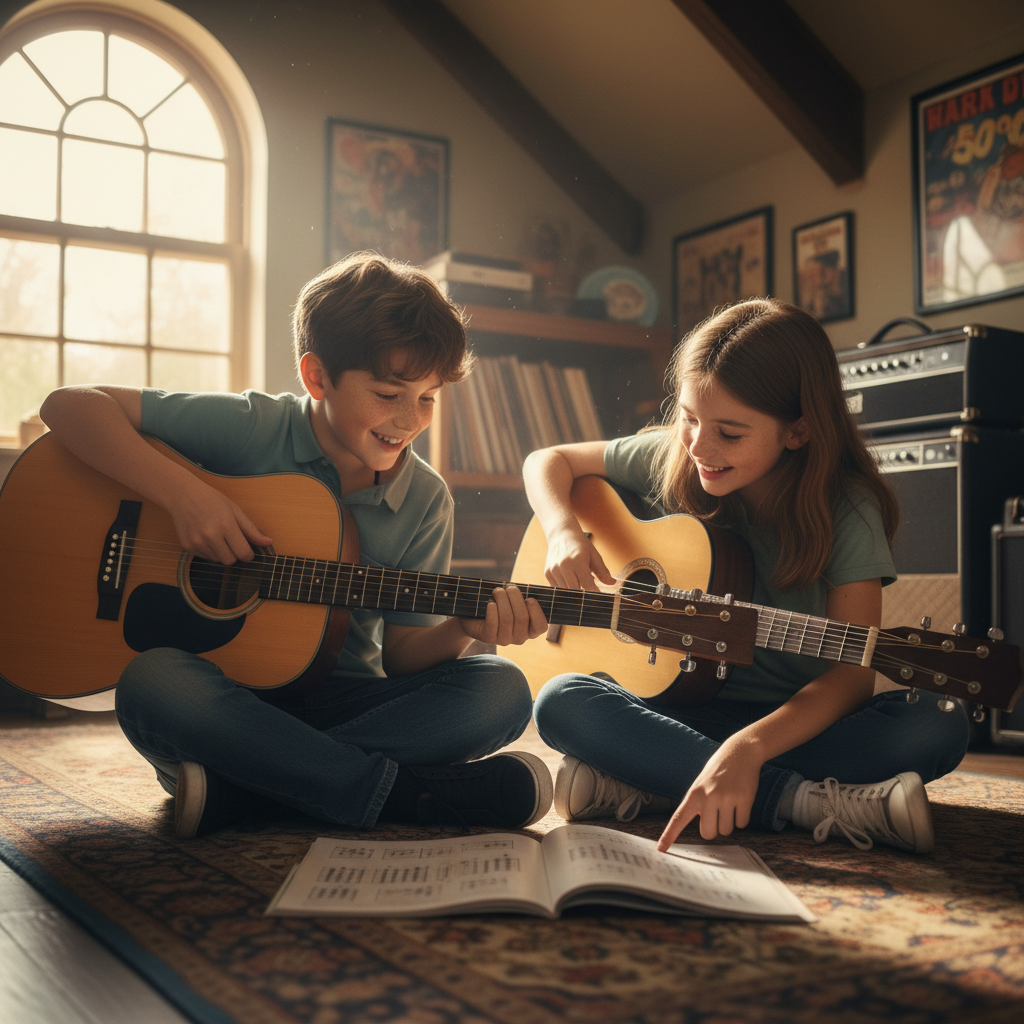 Two kids comparing guitar chords at camp