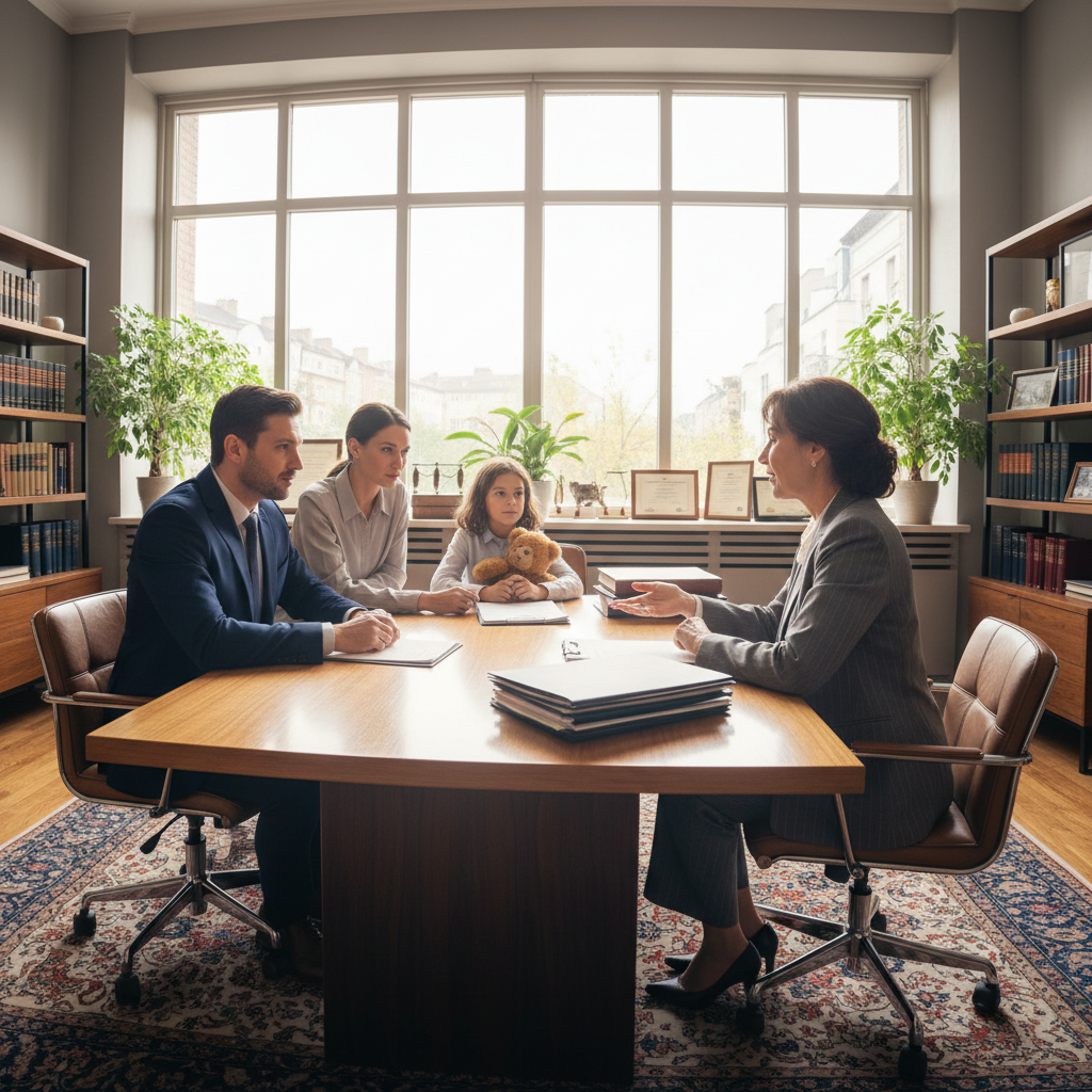 Abogada de familia asesorando a cliente en asuntos familiares