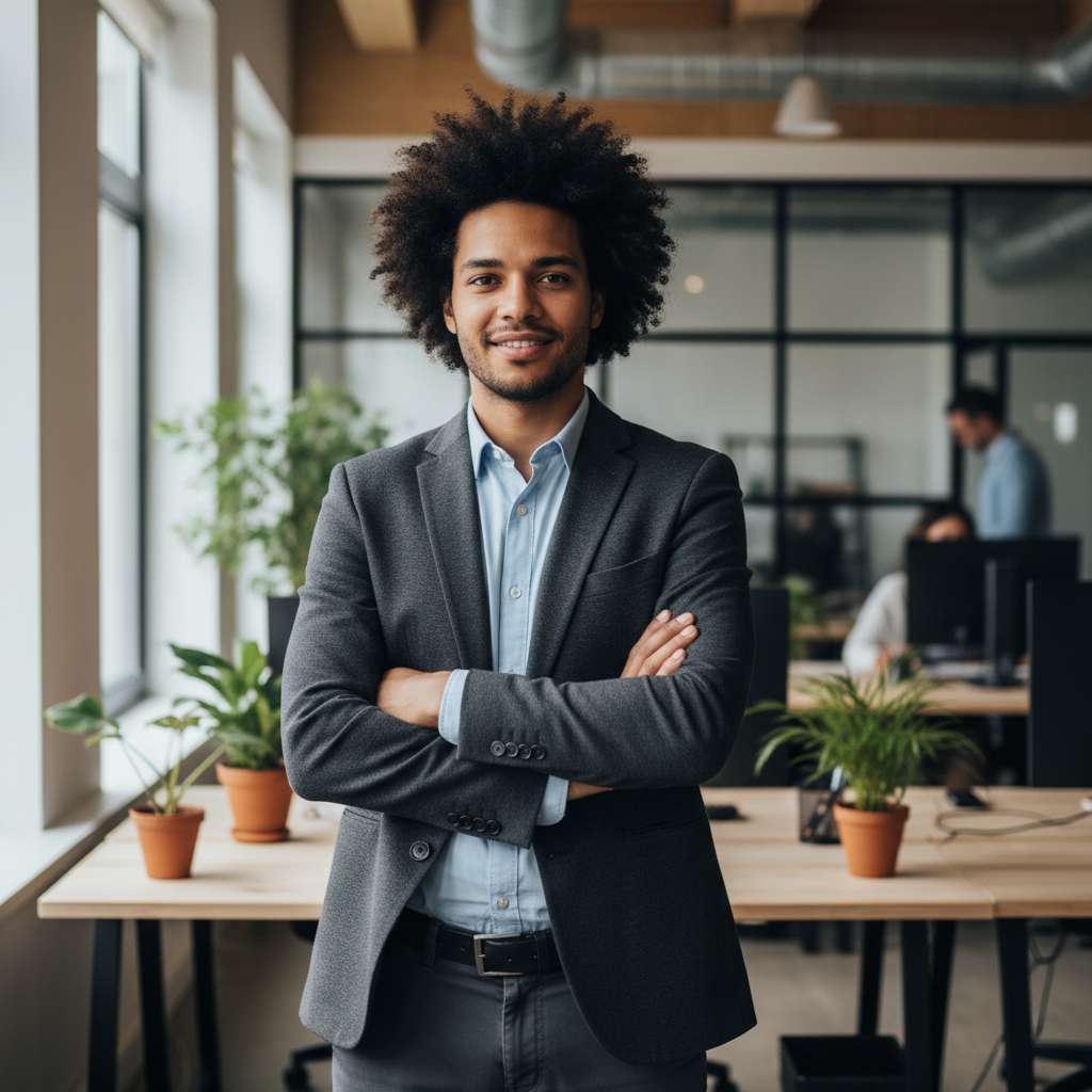 Jake Okonkwo, startup CTO with natural hair and confident expression