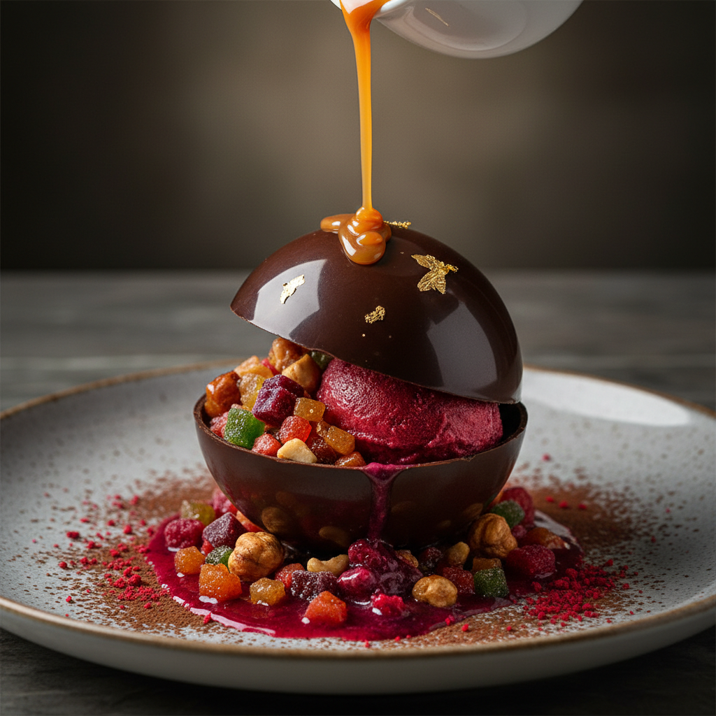 Golden caramel sphere dessert on white plate with warm caramel sauce being poured over it