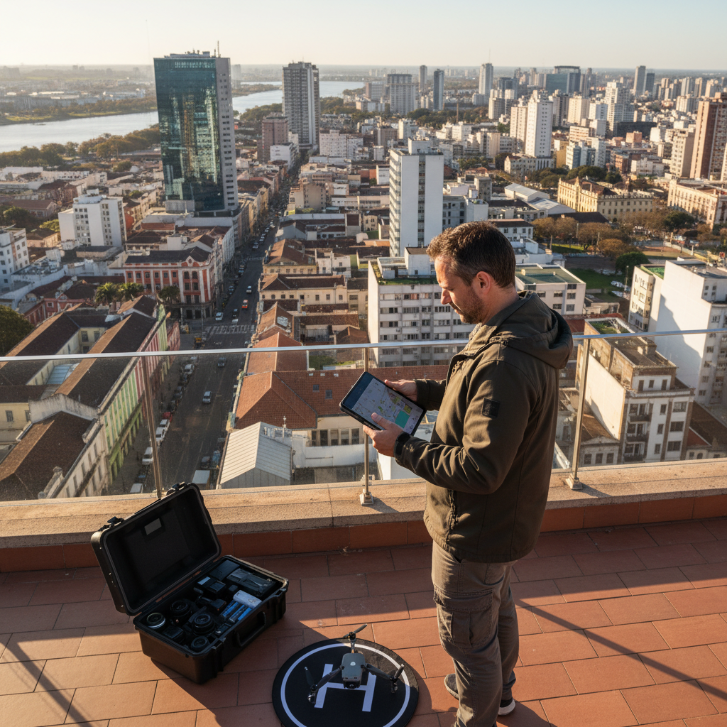 Profissional planejando captação aérea com equipamento de drone em Porto Alegre