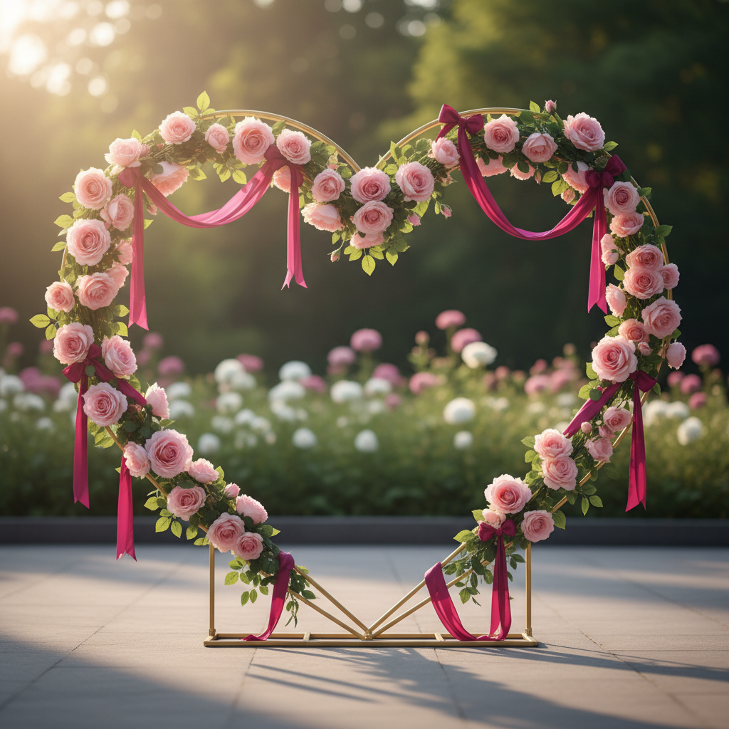 Gold 6ft heart-shaped arch decorated with pink roses and ribbon
