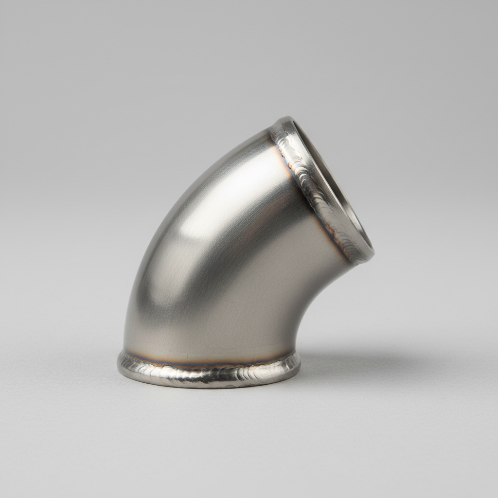 Industrial mild steel 90-degree elbow pipe fittings on a dark factory floor
