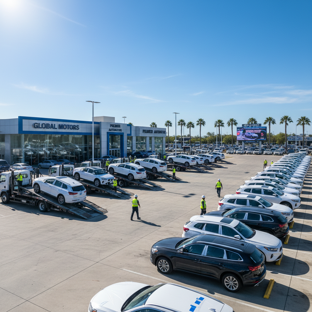 New SUV inventory being unloaded at a franchise dealership forecourt