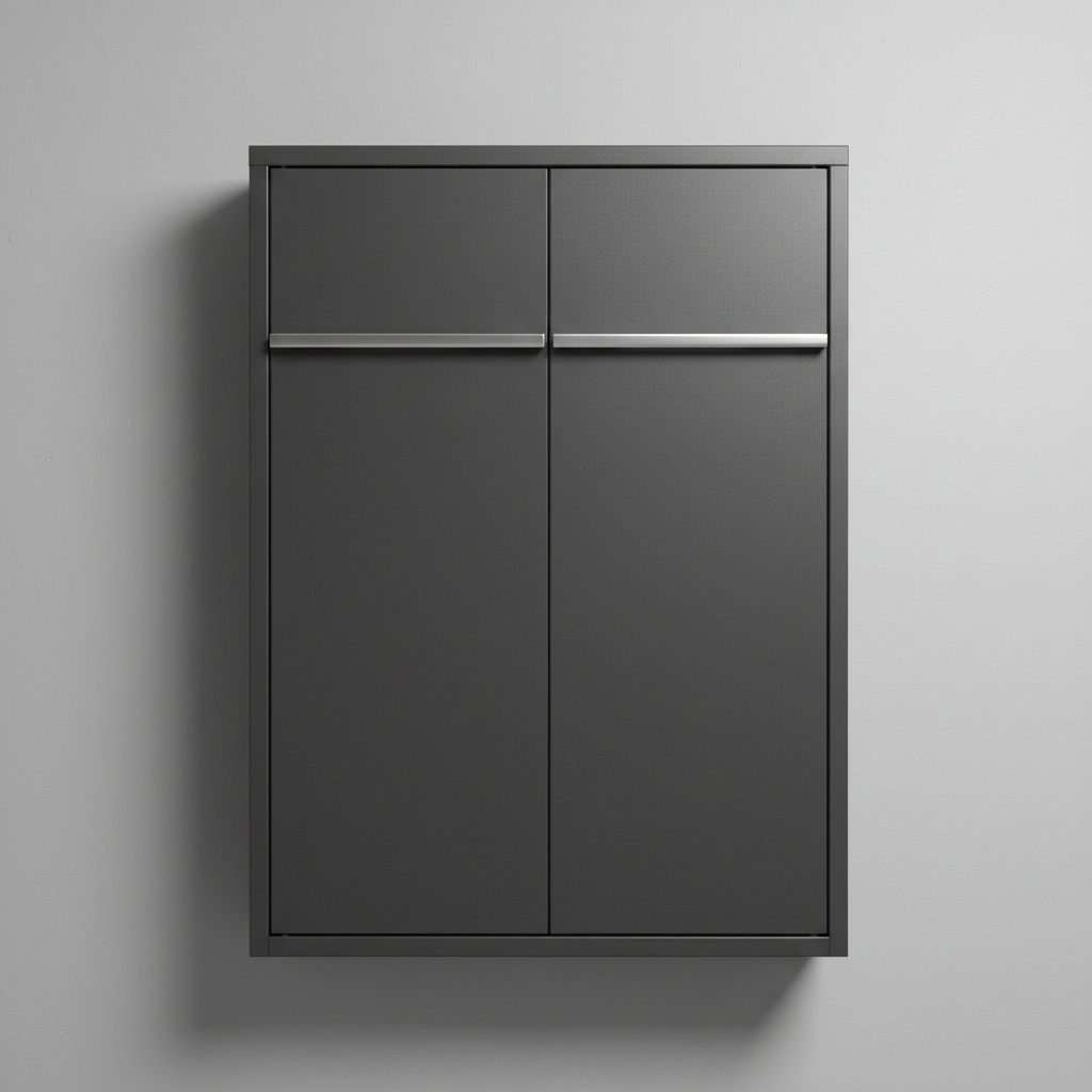 Powder-coated steel wall cabinet in dark charcoal finish mounted in clean garage