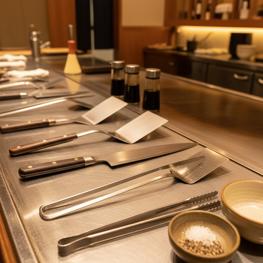 Close view across a gleaming teppanyaki counter with chef tools arranged precisely and warm tungsten light