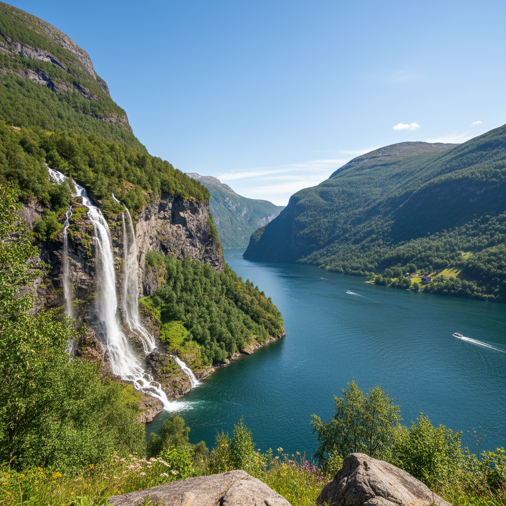 Geirangerfjord with Seven Sisters waterfall Norway