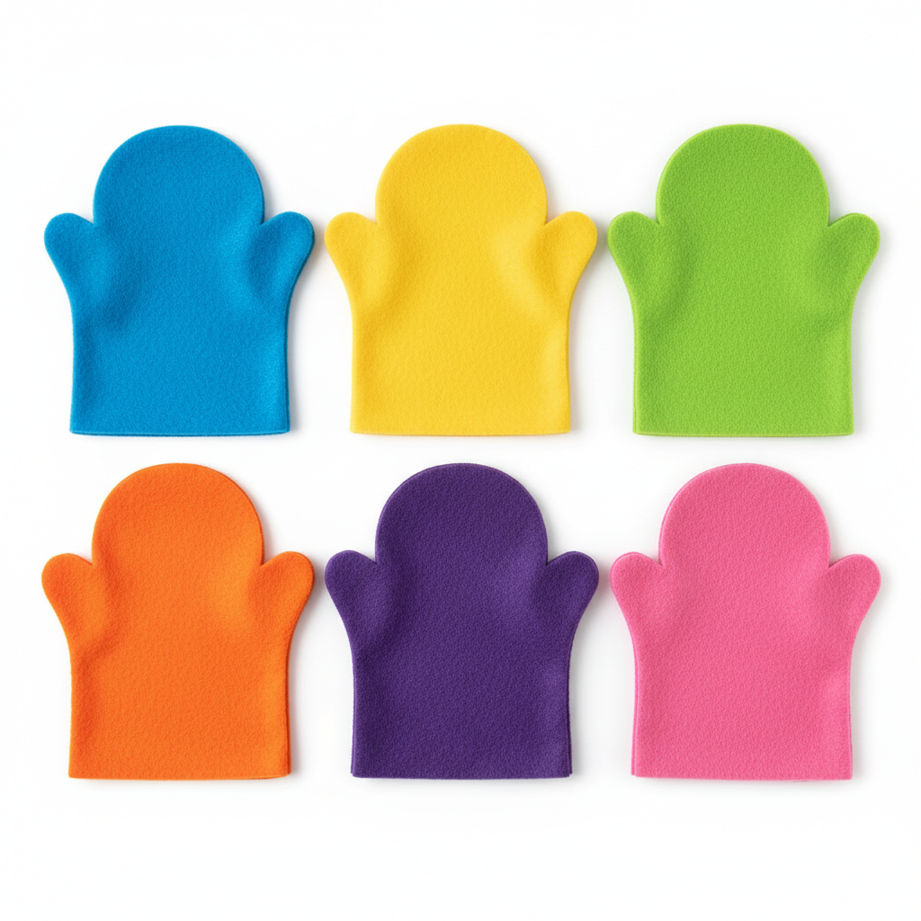 Six colorful hand puppet blanks made of felt fabric in various colors ready for customization
