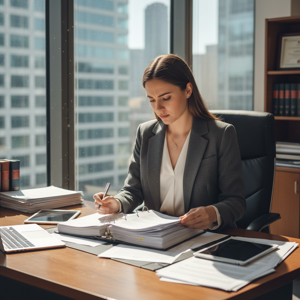 Professional businesswoman working at a modern desk in a clean, contemporary workspace