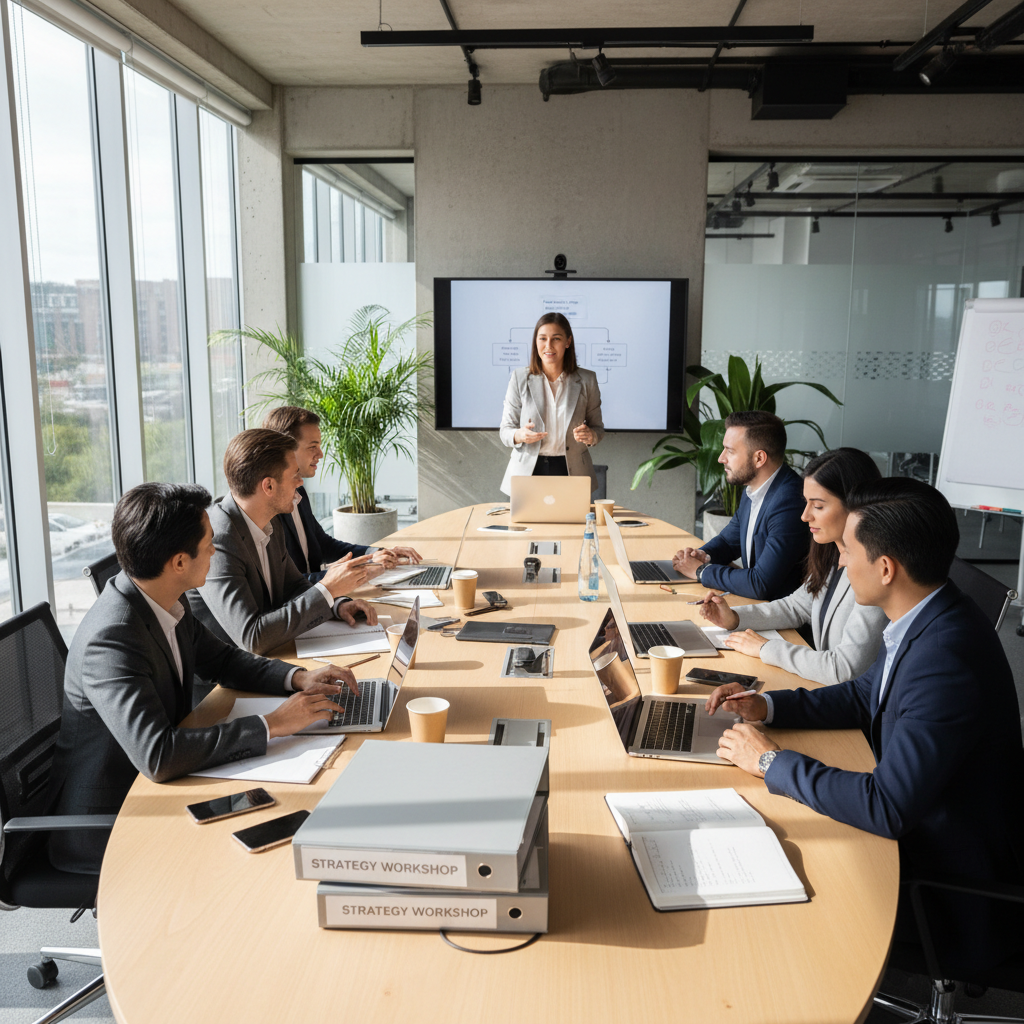 Présentation professionnelle sur écran d'ordinateur portable, bureau moderne élégant