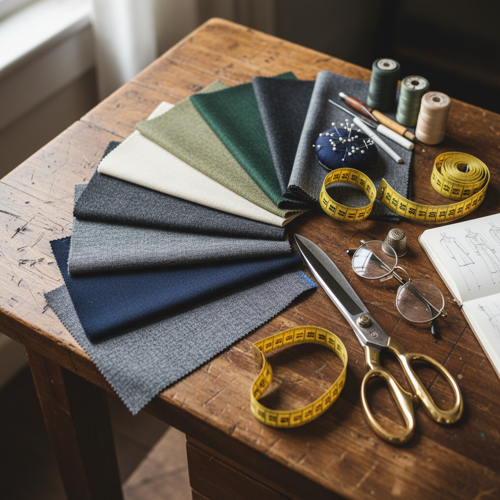 Tailor working on custom garment design at wooden workbench with fabric swatches