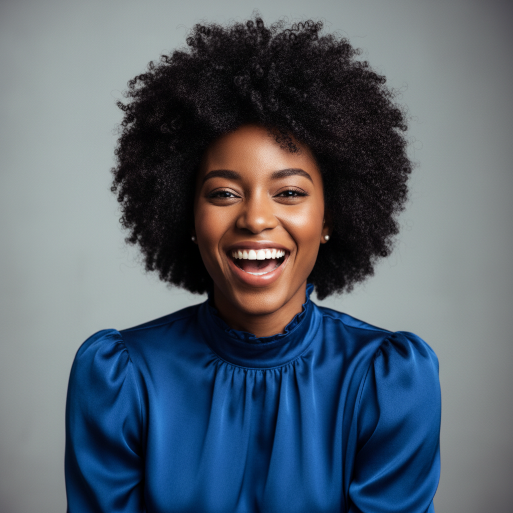 Headshot of young West African woman with natural hair, warm studio lighting