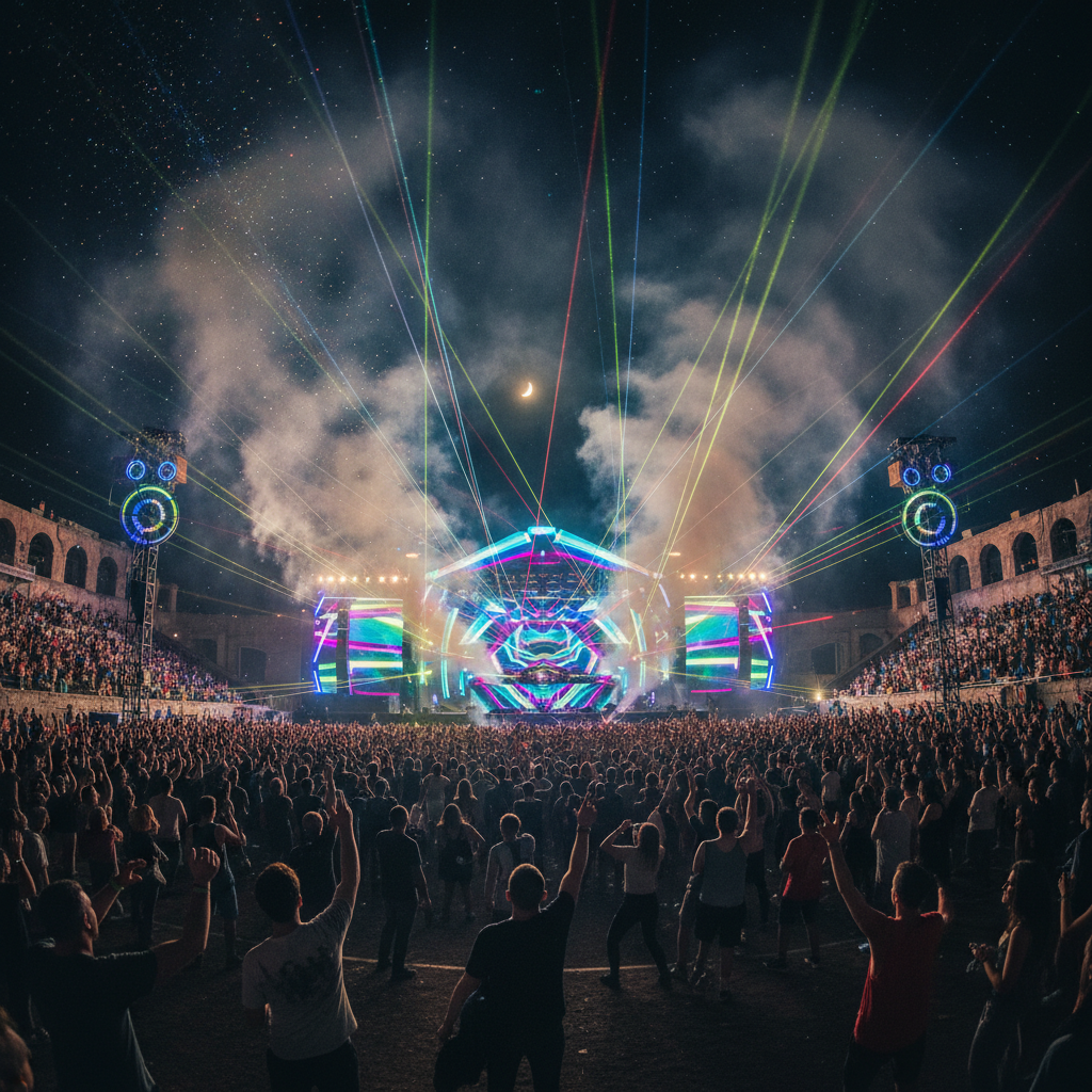 Escenario de festival de música electrónica con visuales LED y humo de colores en concierto nocturno