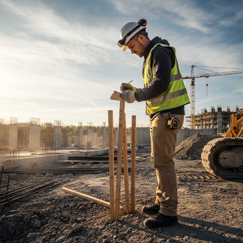 Male construction foreman in hard hat and high-visibility vest reading grade stakes at a paving job site in hard afternoon light