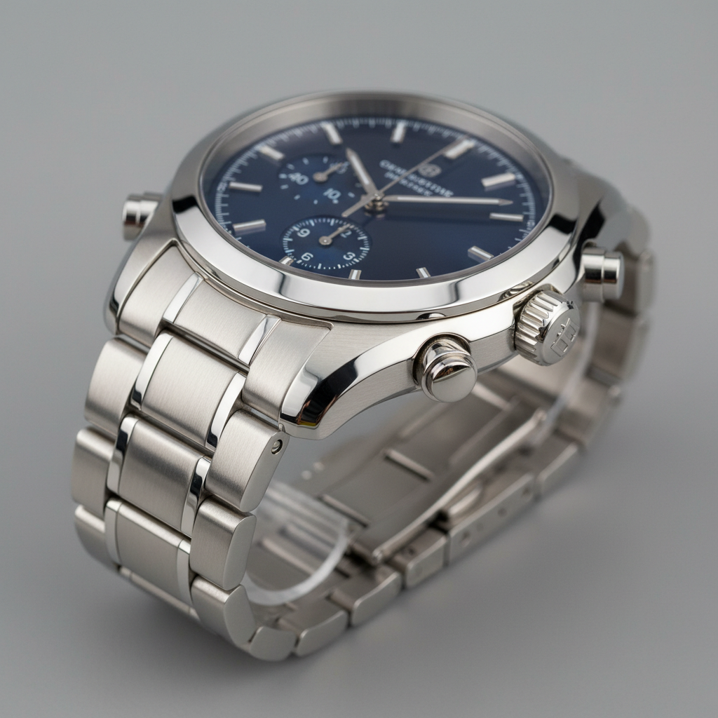 Watch case side profile showing crown and pushers on grey background