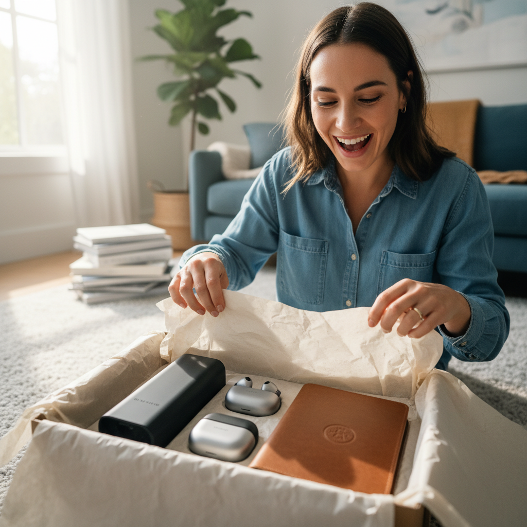 Customer unboxing YAMBABA electronics order showing premium packaging and product quality