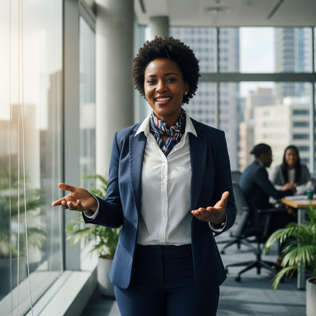Lerato Dlamini, professional South African woman in office setting, confident expression, business attire