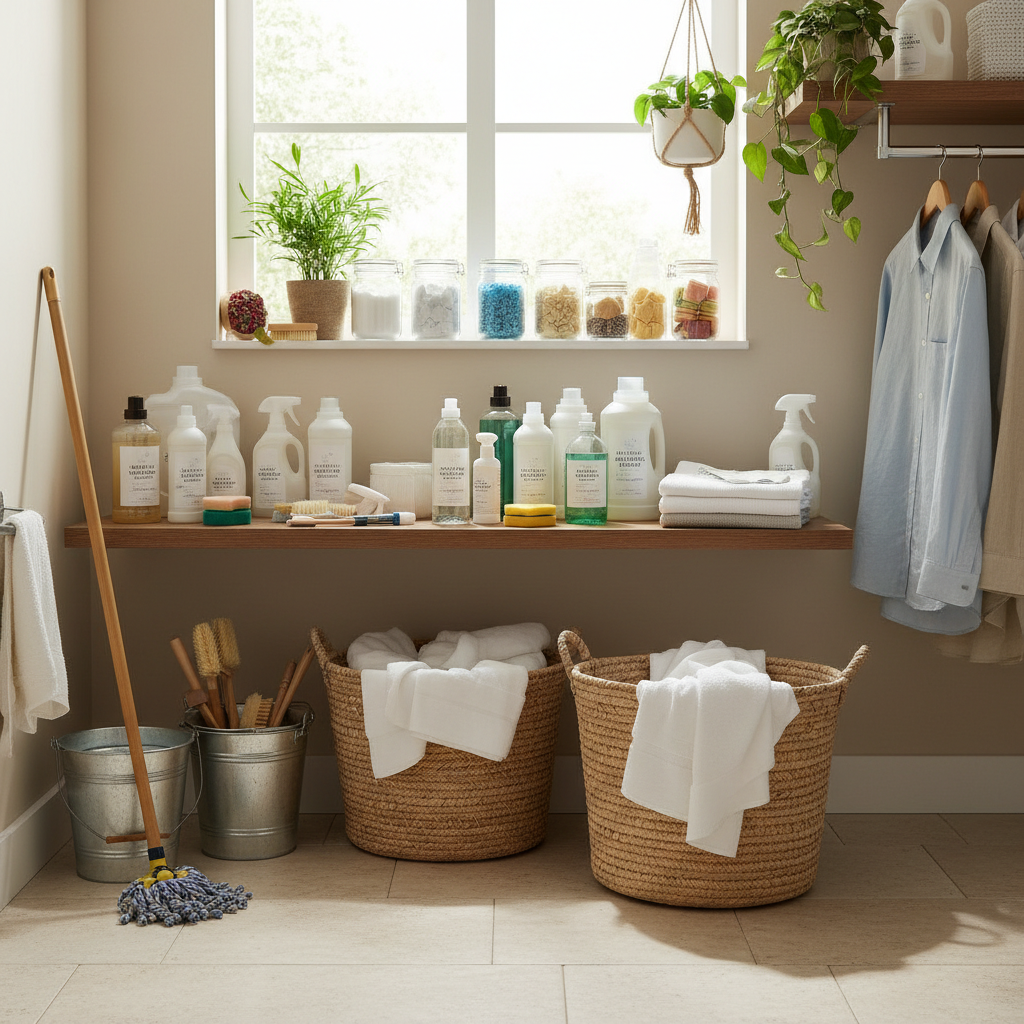 Clean laundry facility with bright white washing machines and neatly folded fresh linens, airy well-lit space with white walls