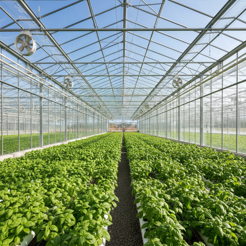 Large greenhouse agricultural facility with irrigation infrastructure