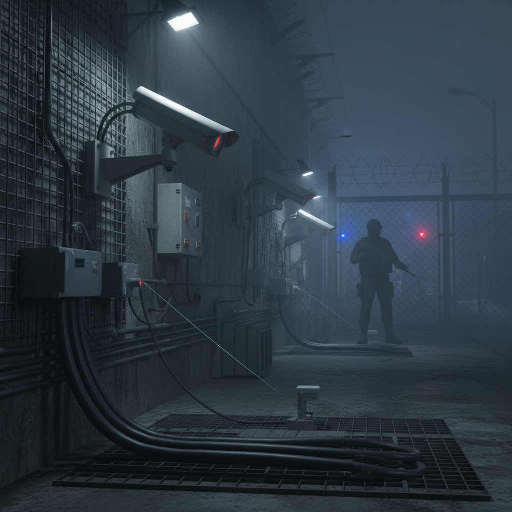 Dark industrial series setting with dramatic atmospheric lighting and deep shadows