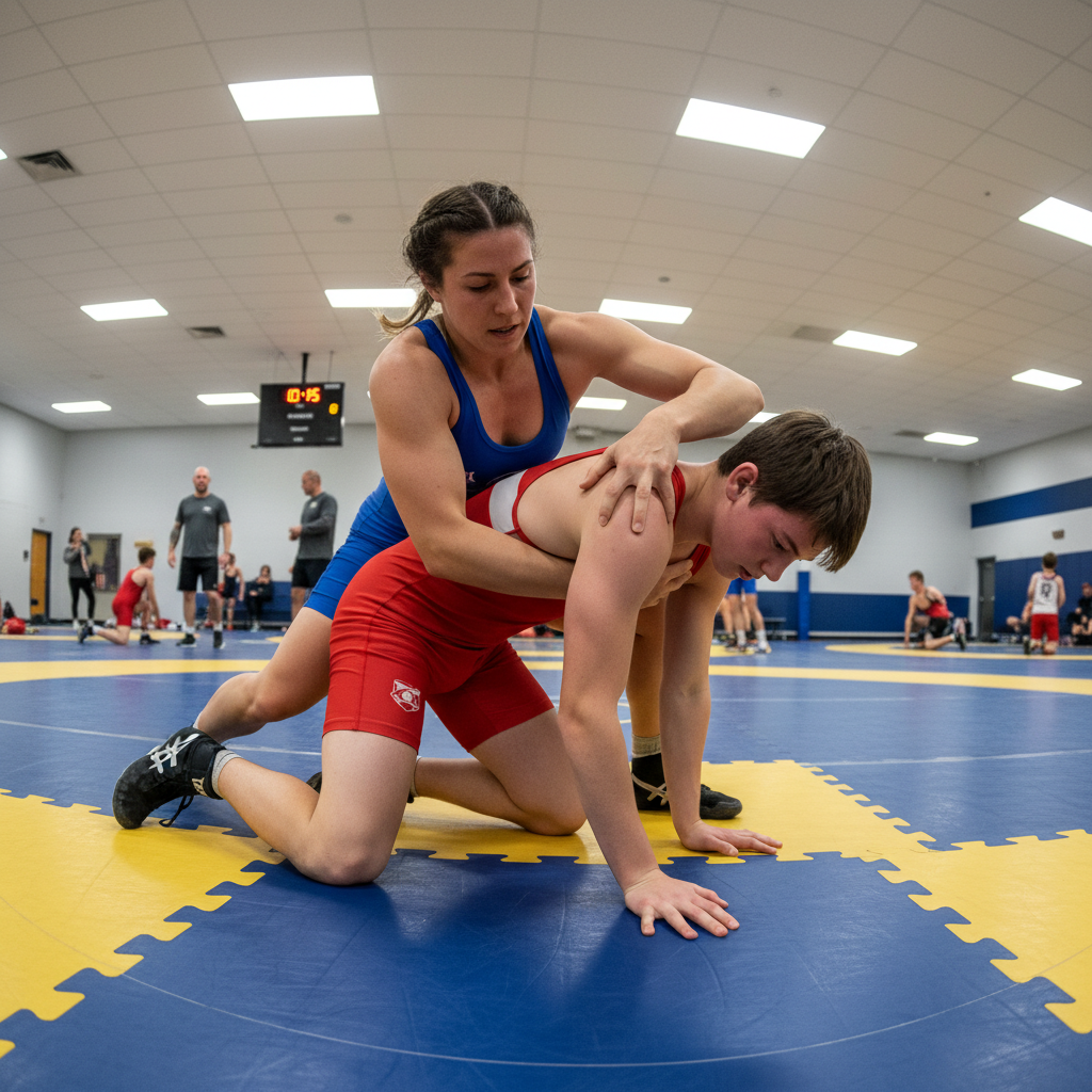 Coach Katerina Voss demonstrating chain wrestling technique on the mat