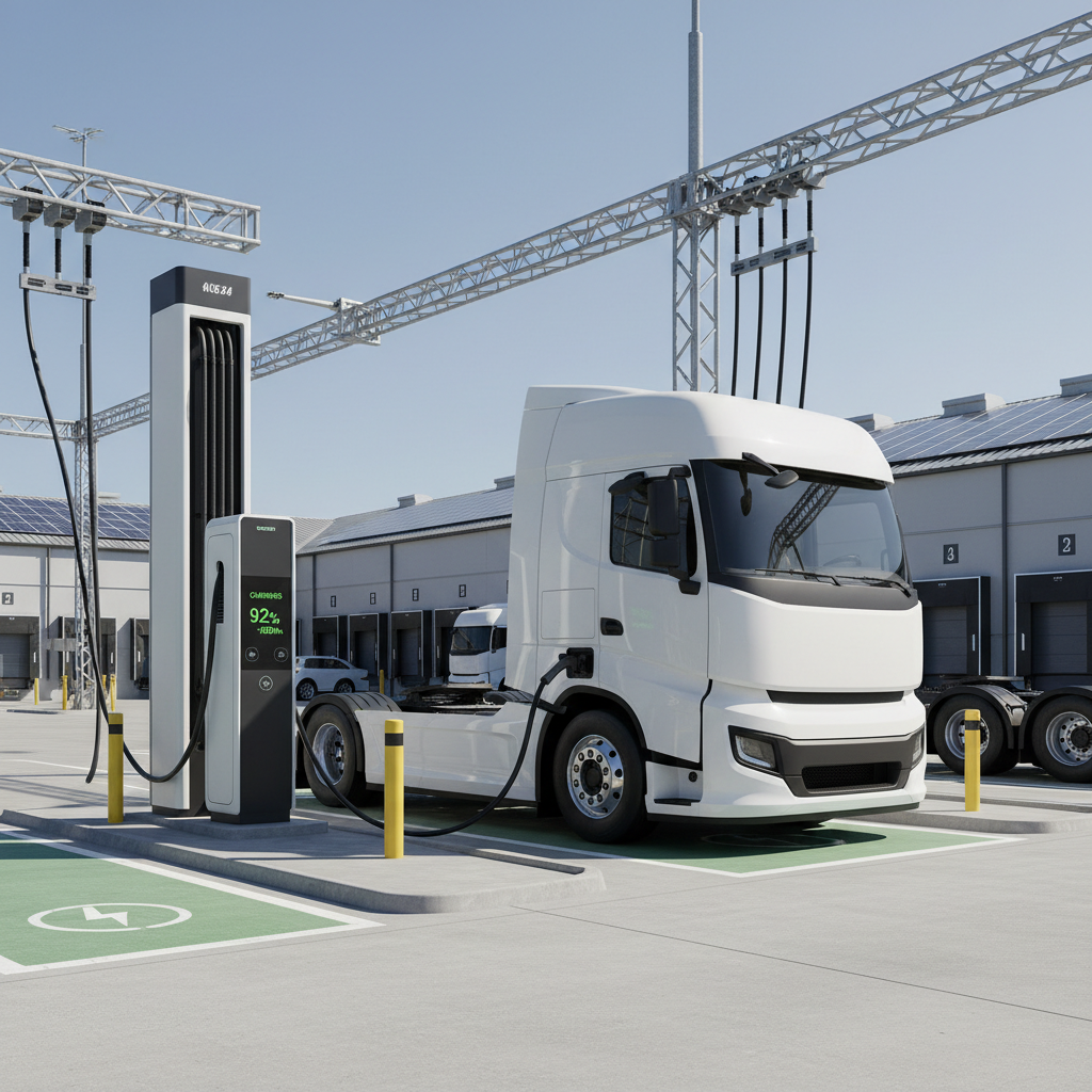 Medium-duty electric truck on city road, urban distribution vehicle, bright daytime commercial setting