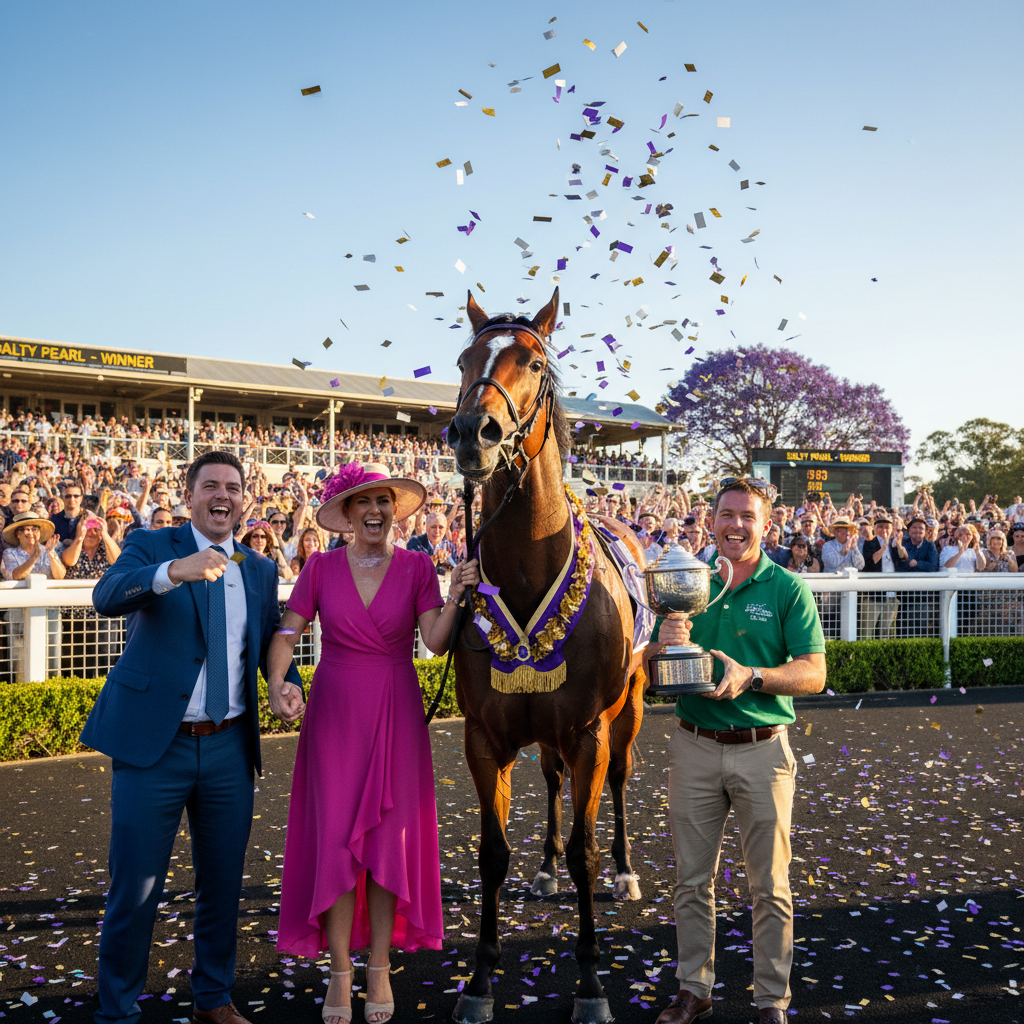 Salty Pearl with syndicate owners and trainer in the winner's enclosure after the Vobis Guineas victory at Caulfield