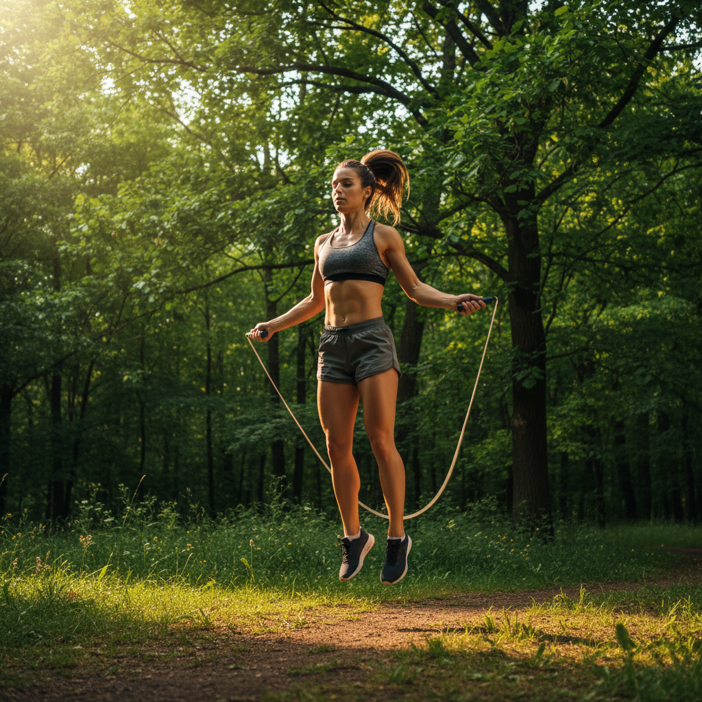Park workout session with jump rope on summer morning, green trees background