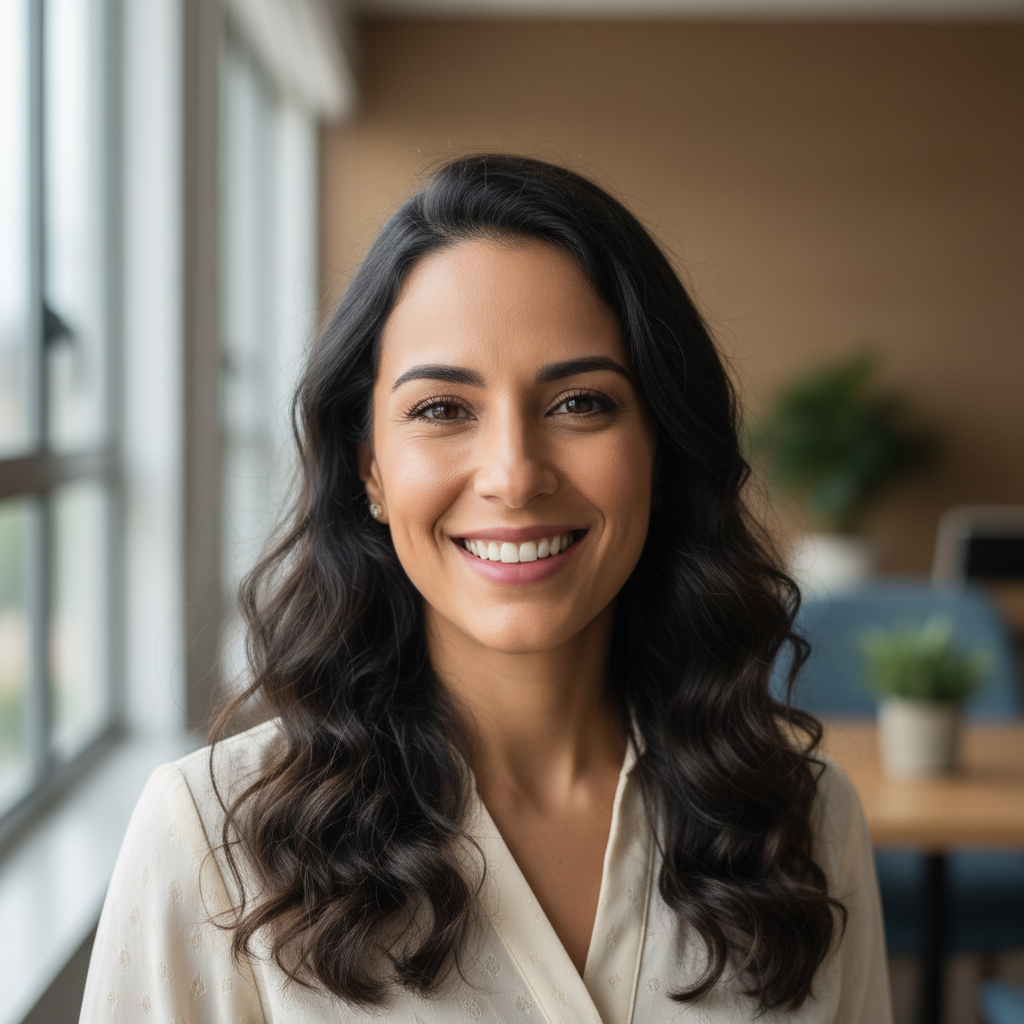 Professional woman with natural hair in business attire smiling in bright modern office