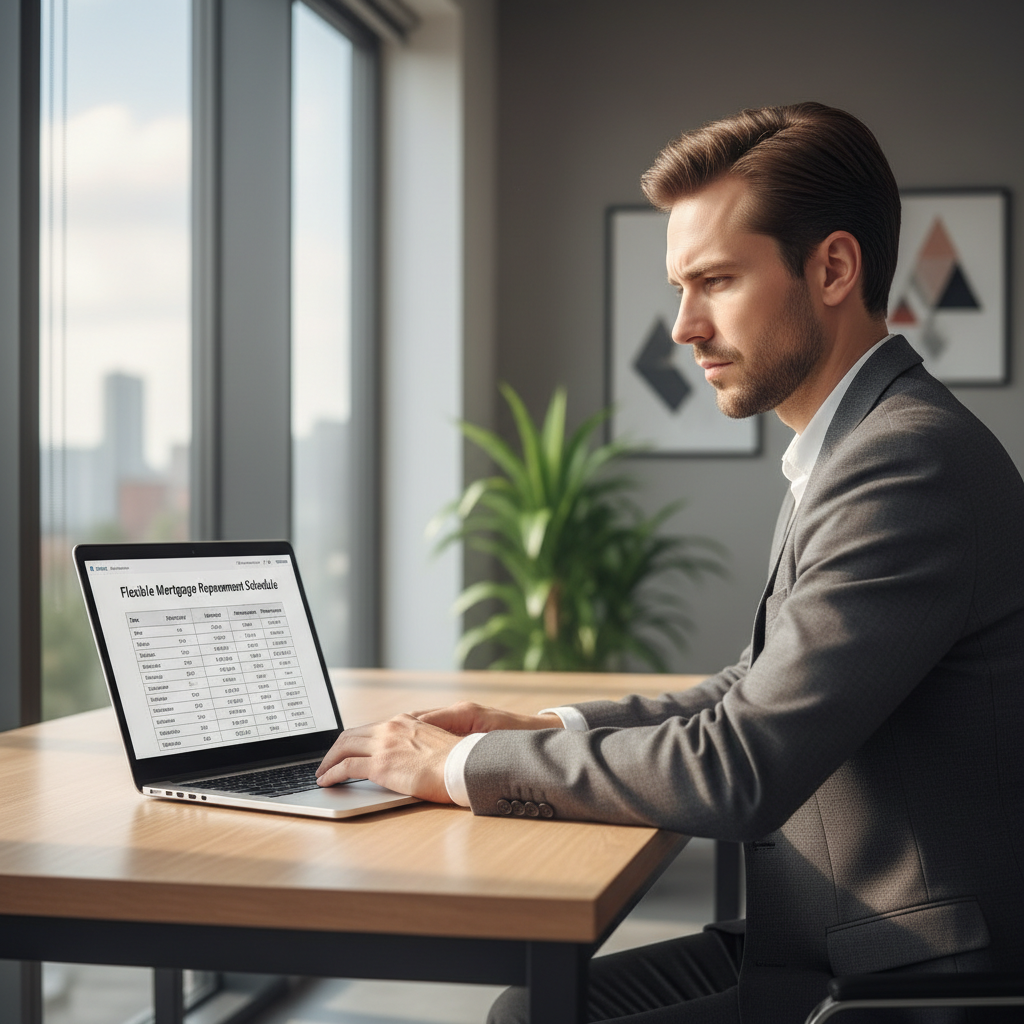 Professional reviewing flexible mortgage payment schedule on laptop in modern office
