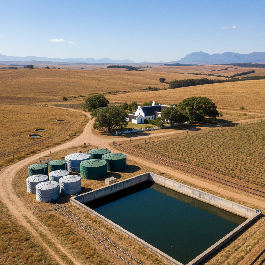 Western Cape farm landscape with water storage infrastructure, bright daytime, airy open landscape