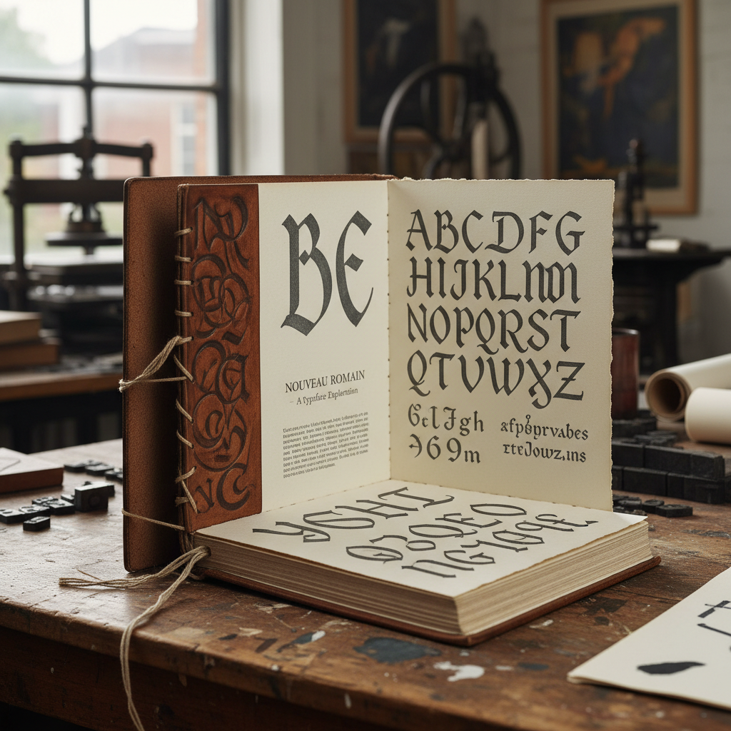 A hand-bound type specimen book with custom letterforms and printed on cream stock, created by student Priya Nair during the Intensive
